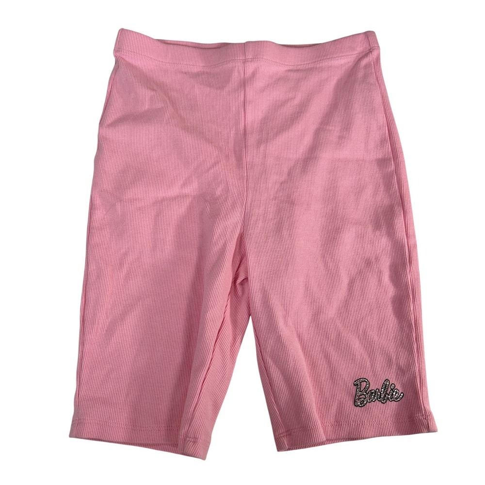 Forever 21 Barbie Pink Ribbed Biker Shorts Rhinestone Logo Size Small Womens